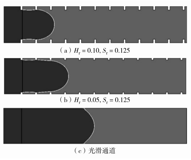 图1 不同相对粗糙高度下两相驱替过程（t=0.001 s） Fig. 1 Two-phase displacement at different relative roughness heights (t=0.001 s)