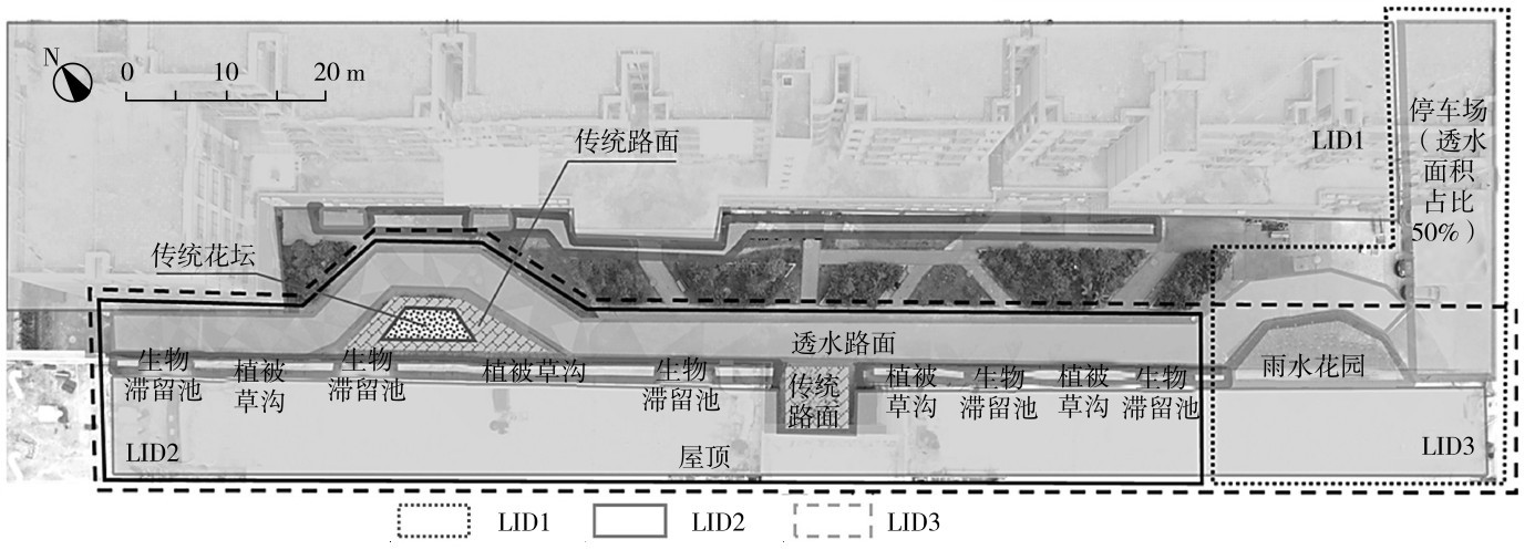 Fig. 1 (Color online) Layout of LID facilities and combinations in the study area图1 研究区域内LID设施与组合的平面布置图