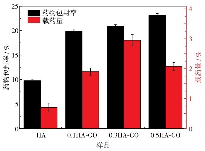 图13 HA-GO的包封率与载药量的柱状图Fig. 13 Histograms of drug encapsulation efficiency (black) and drug loading (red) of HA-GO.