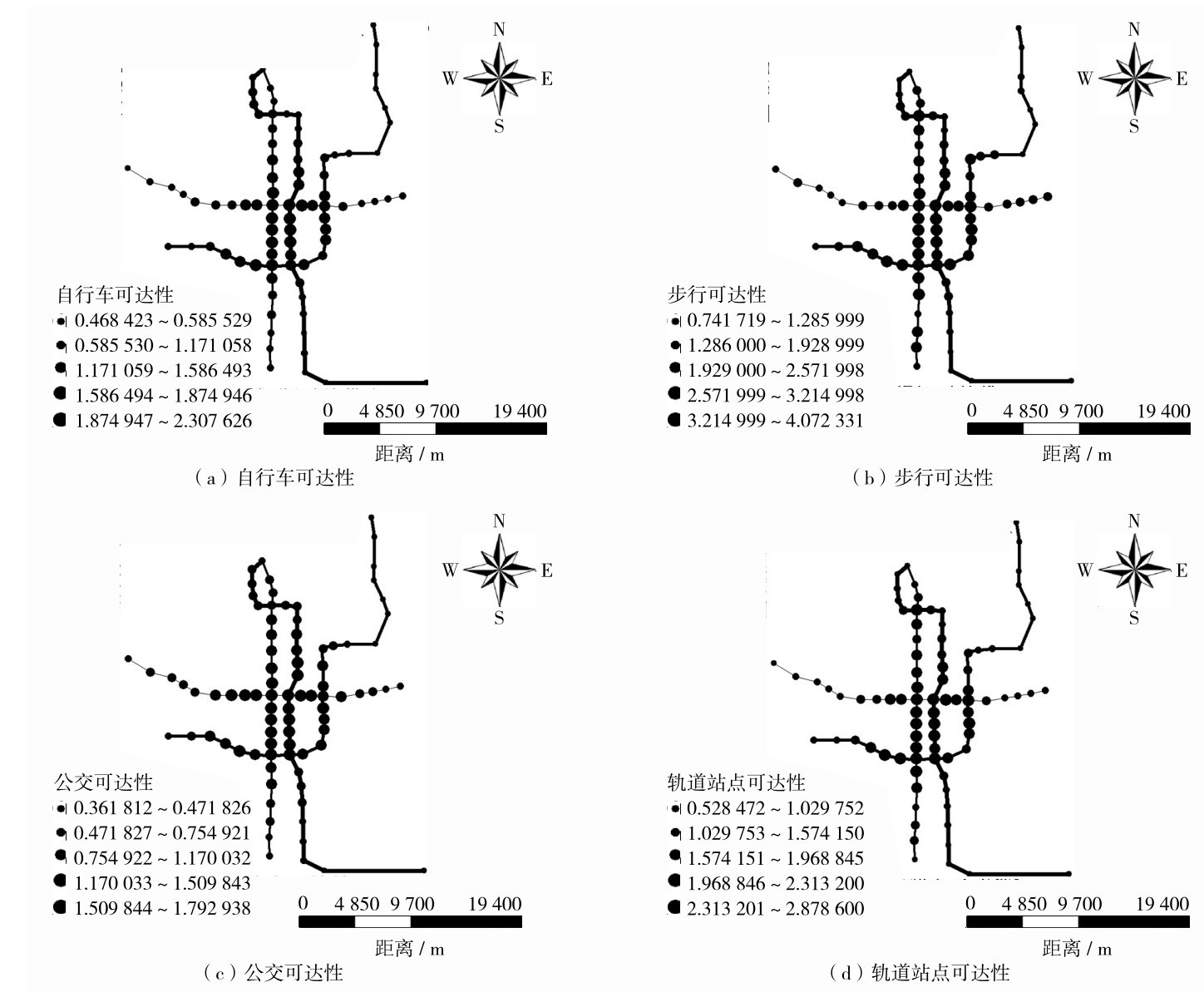 图6 西安市轨道站点及接驳方式可达性空间分布图Fig. 6 Spatial distribution of accessibilities of rail stations and connection modes in Xi’an