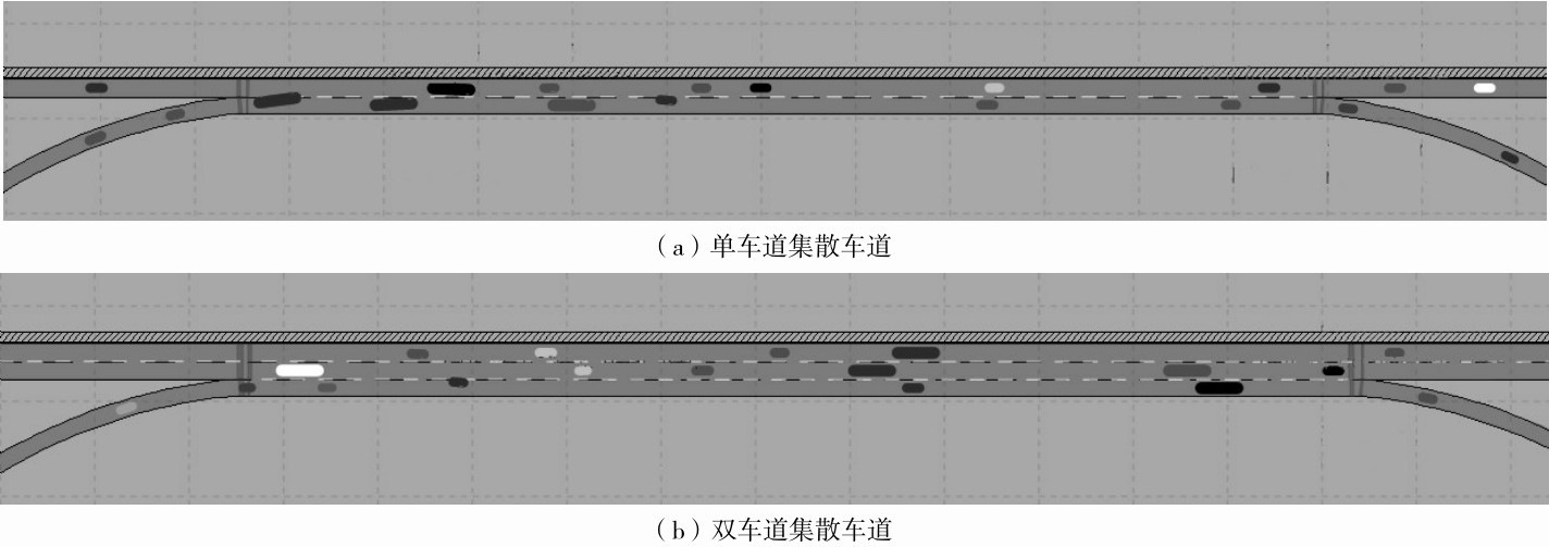 图3 单车道和双车道集散车道连续入出口仿真模型Fig. 3 (Color online) Simulation models of continuous entrance and exit of single lane and two-lane collector-distributor road