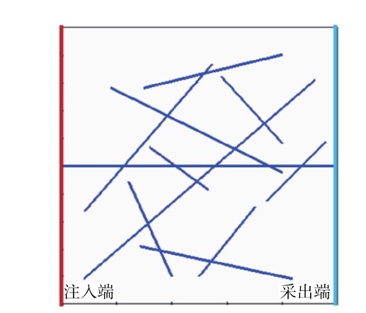 图4 复杂裂缝模型示意图Fig. 4 Schematic diagram of complex fracture model. Red line is the injection end, light blue line is the produced end, and blue lines are the fractures.